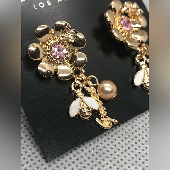 Guess‎ gold tone flower bud pink tourmaline gemstone look dangle charm earrings - Picture 14 of 16